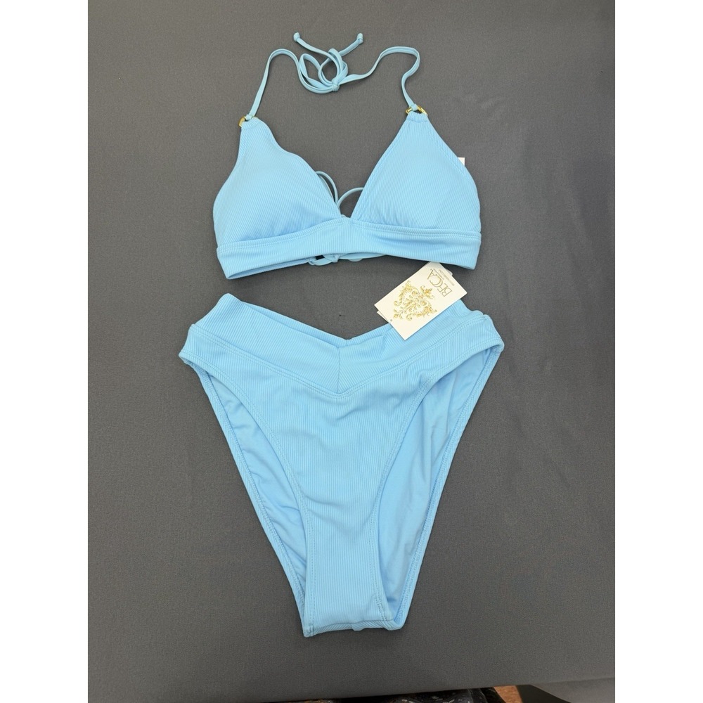 Becca Women's Modern Edge Textured Rib Halter Bikini Set - Ice Blue size L $98